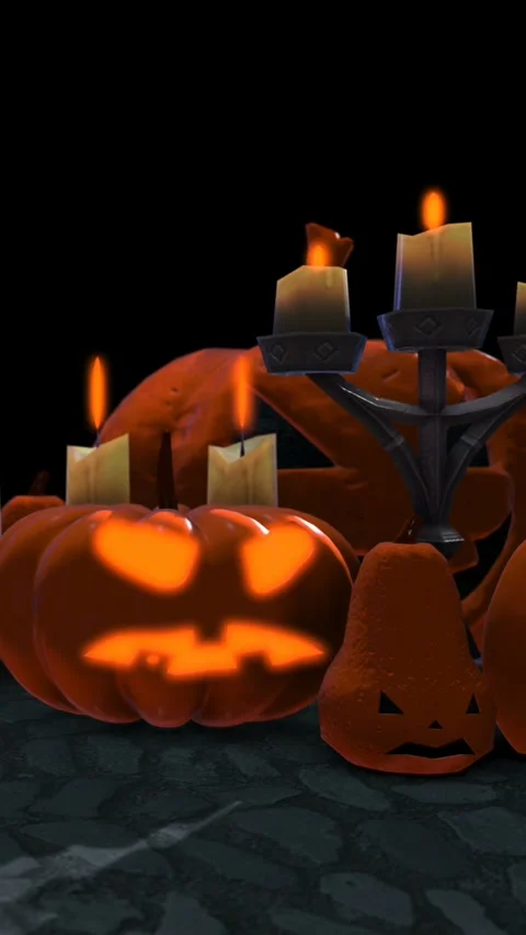 Seamless vertical video of pumpkins and candles on a black background. Halloween Vidéo 336926836