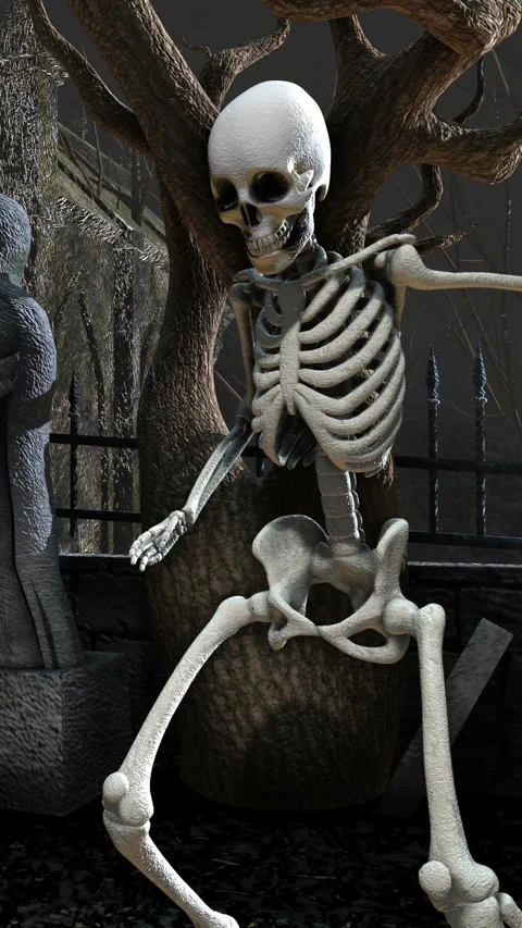 Seamless vertical video of skeleton dancing salsa in a cemetery at night. Funny 動画素材 336910300