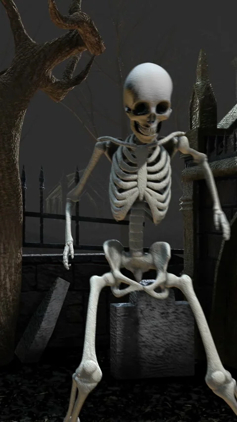 Seamless vertical video of skeleton dancing salsa in a cemetery at night. Funny Video stock 336910837