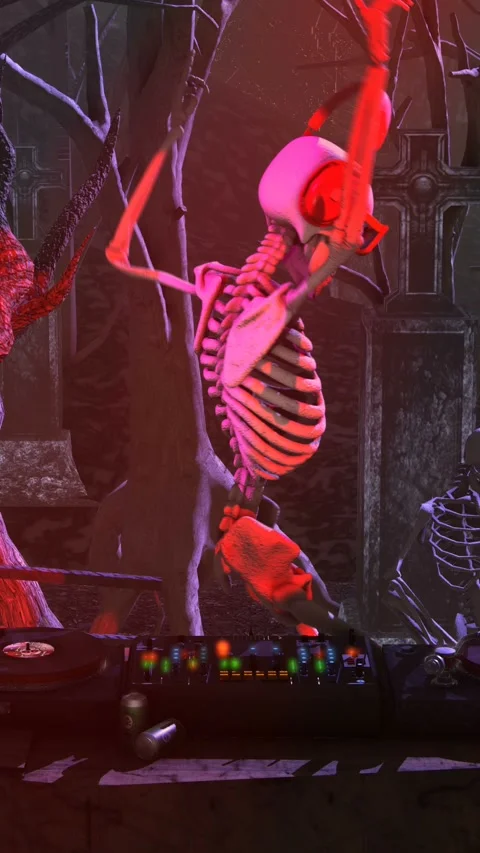 Seamless vertical video of a skeleton djing with turntables in a cemetery at Stock Footage 319841344
