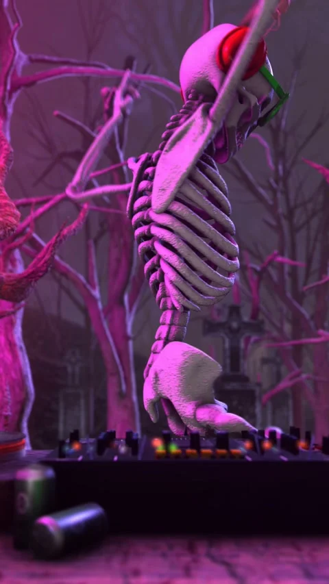 Seamless vertical video of a skeleton djing with turntables and bats flying Stock-Footage 320140338