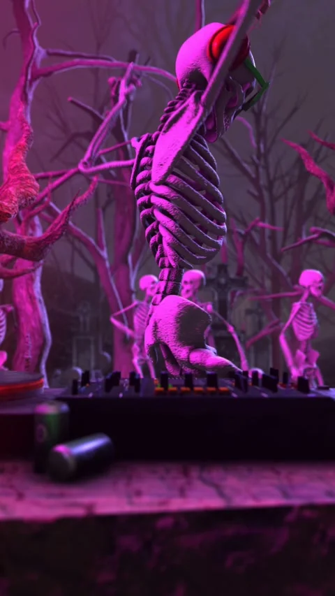 Seamless vertical video of a skeleton djing with turntables and bats flying Video stock 320252072