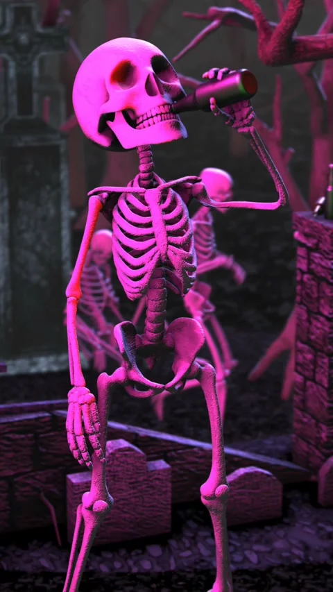 Seamless vertical video of a skeleton drinking beer in a disco at the cemetery Stock Footage 319839826