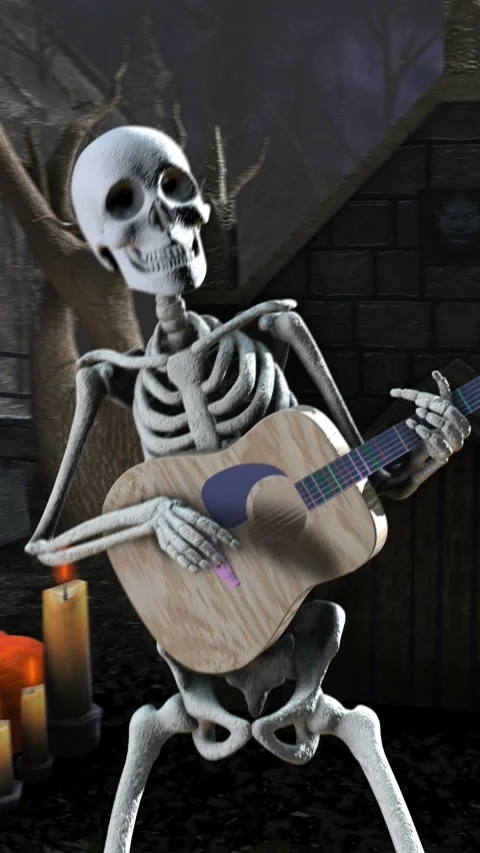 Seamless vertical video of a skeleton playing classic guitar in a cemetery at Vidéo 336927774