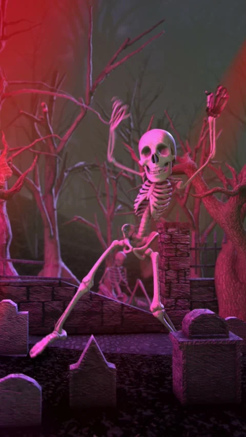 Seamless vertical video of a skeletons dancing in a cemetery disco at night. Stock Footage 320245570