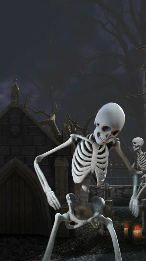 Seamless vertical video of skeletons dancing salsa in a cemetery at night. Funny Vidéo 336906128