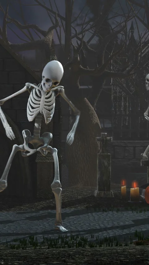 Seamless vertical video of skeletons dancing salsa in a cemetery at night. Funny Stock Footage 336909009