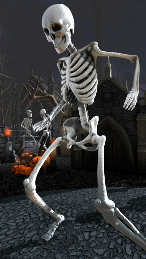 Seamless vertical video of skeletons dancing salsa in a cemetery at night. Funny Vidéo 336909715