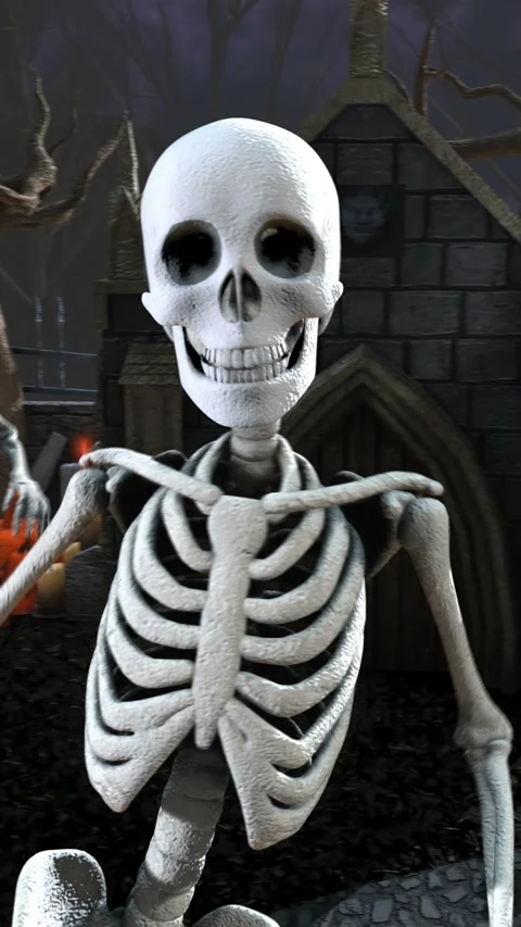 Seamless vertical video of skeletons dancing samba in a cemetery at night. Funny Stock Footage 336927634