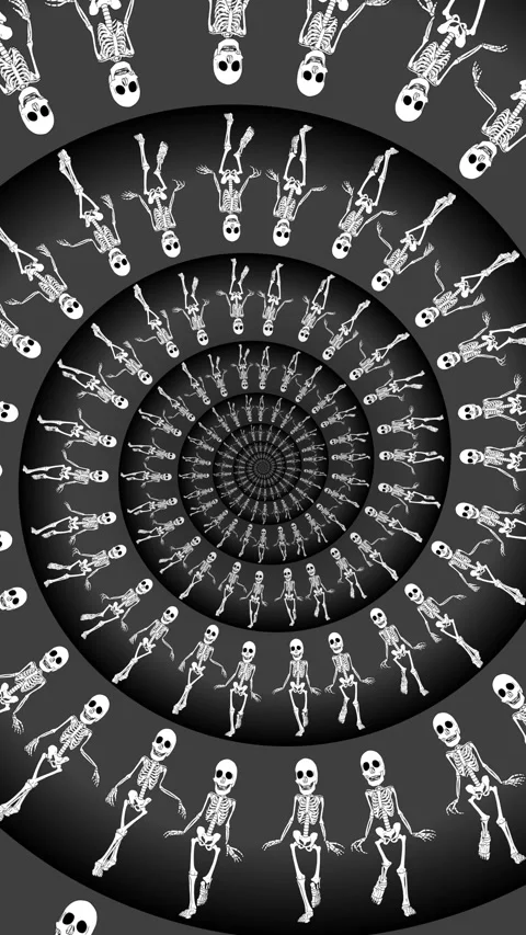 Seamless vertical video of swirl of psychedelic walking skeletons in catwalk Stock Footage 320247457