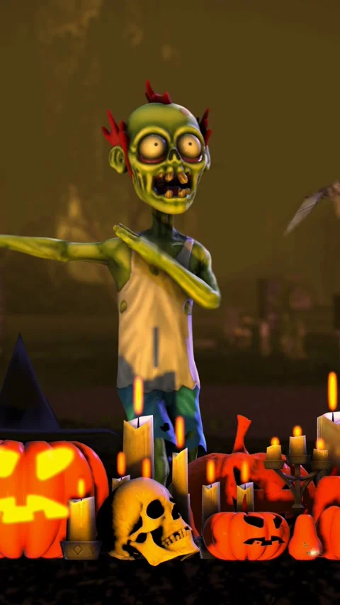 Seamless vertical video of a zombie dancing salsa with a bat, candles and Jack Video stock 312698234