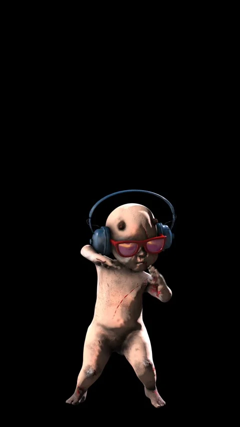 Seamless vertical video of a zombie devil baby doll dancing with headphones Stock Footage 313009594
