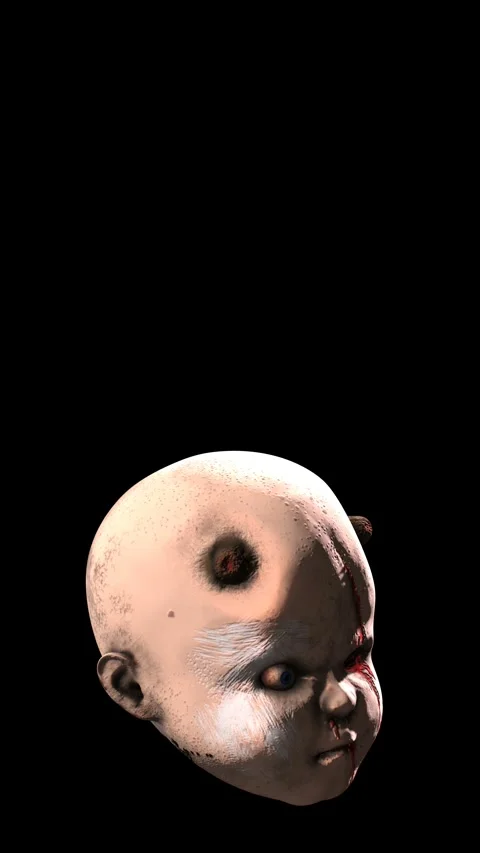 Seamless vertical video of a zombie devil baby doll head isolated with Video stock 313009914