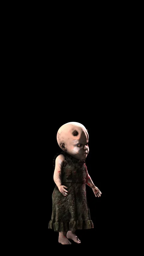 Seamless vertical video of a zombie devil baby doll isolated with copyspace. Stock Footage 313010119