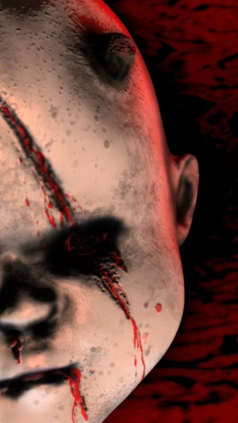 Seamless vertical video of a zombie devil baby doll heads. Terror creepy demon Видео 313011307