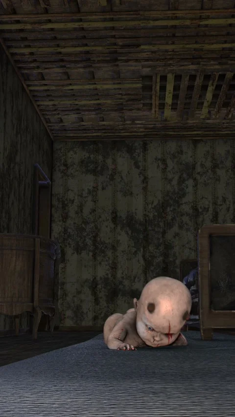 Seamless vertical video of a zombie devil baby doll crawling in a haunted house. Video stock 313012222