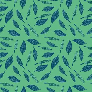 Seamless vetor botanical pattern with blue leaves on a jade green background Stock Illustration