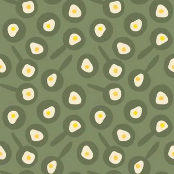 Seamless vetor pattern with fried eggs, pans and plates Stock Illustration