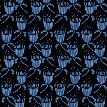 Seamless vetor pattern with grid ofblue floral shapes on a black background Stock Illustration