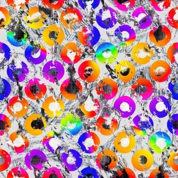 Seamless vibrant rainbow dot painted texture. Bold primary color circle artistic Illustrazione stock