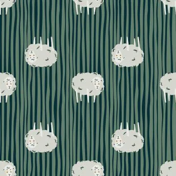 Seamless village pattern with fluffy sheep silhouettes ornament. Green stripe Illustration
