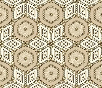 Seamless vintage arabesque pattern with gold chain, beads. Stock Illustration