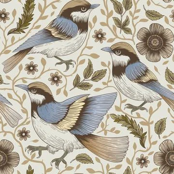 Seamless Vintage Bird Pattern With Hand-Drawn Floral Elements In Elegant Ve.. Stock Illustration