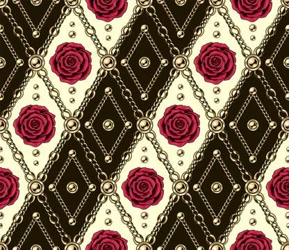 Seamless vintage diagonal pattern with gold chain, beads, crimson roses. Stock Illustration