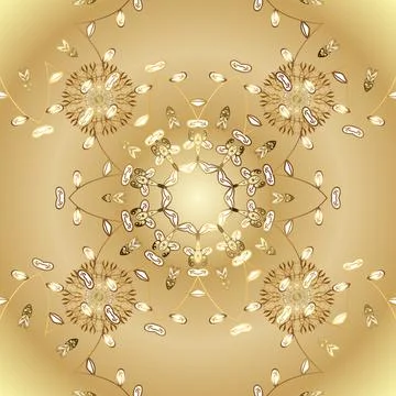 Seamless vintage pattern on beige and yellow colors with golden elements. Golden 库存插图