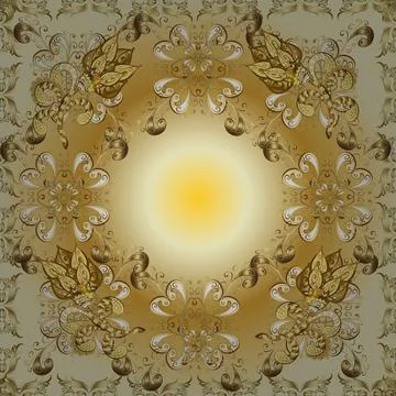 Seamless vintage pattern on beige, brown and yellow colors with golden elements. Stock Illustration