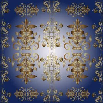Seamless vintage pattern on blue, beige and neutral colors with golden elements. Illustrazione stock