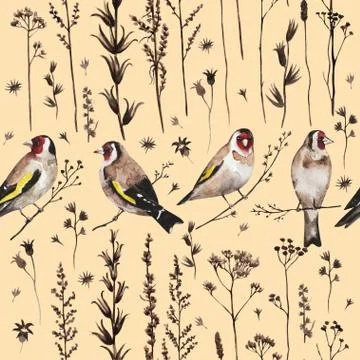 Seamless vintage pattern in border style with goldfinch birds and autumn dry Stock Illustration