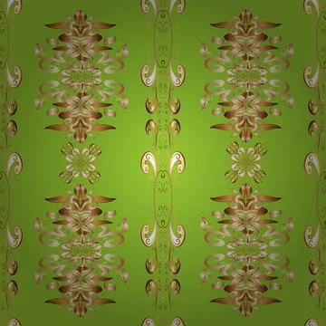 Seamless vintage pattern on brown, beige and green colors with golden elements. Illustrazione stock