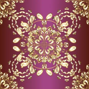 Seamless vintage pattern on brown, beige and purple colors with golden elements. Stock Illustration