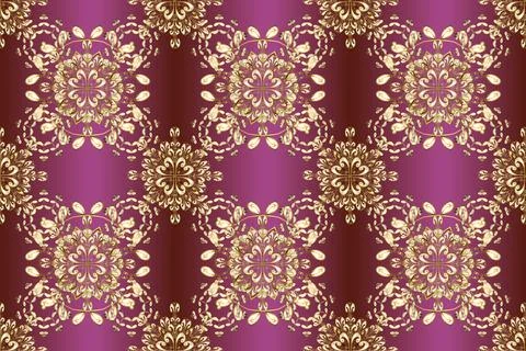 Seamless vintage pattern on brown, beige and purple colors with golden elements. Stock Illustration