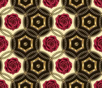 Seamless vintage pattern with circles, gold chains, hexagons, red roses. Stock Illustration