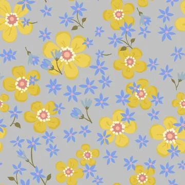 Seamless vintage pattern. Gray background. Large yellow and small lilac flowe Stock Illustration