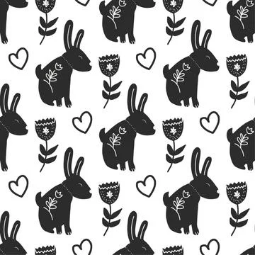 Seamless vintage pattern with ink hand drawn hare illustrations. Easter Stock Illustration