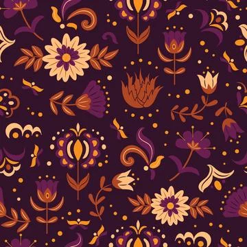 Seamless vintage pattern. Mexican or Slavic folk flowers set, colorful buds and Stock Illustration