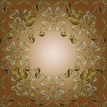 Seamless vintage pattern on orange, yellow and beige colors with golden elements Stock Illustration