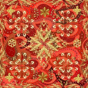 Seamless vintage pattern on red, brown and orange colors with golden elements. C 스톡 일러스트