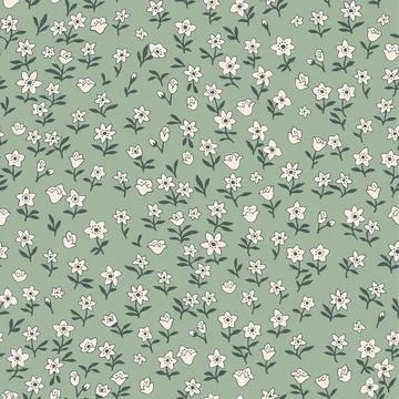 Seamless vintage pattern. Small white flowers. Green background. Vector textu Stock Illustration