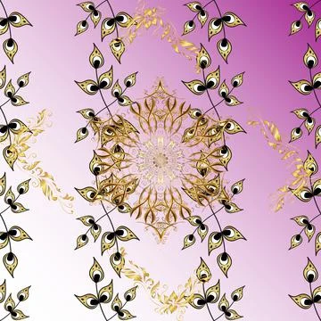 Seamless vintage pattern on violet, neutral and pink colors with golden elements Illustrazione stock