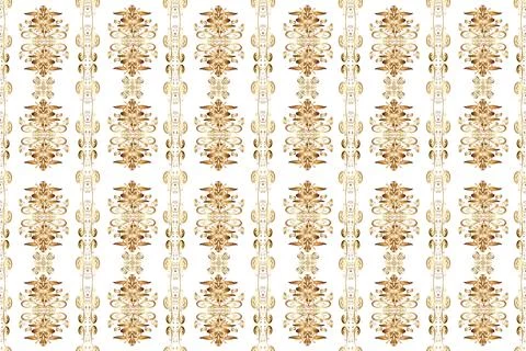 Seamless vintage pattern on white, brown and beige colors with golden elements. 스톡 일러스트