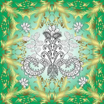 Seamless vintage pattern on white, green and neutral colors with golden elements Stock Illustration