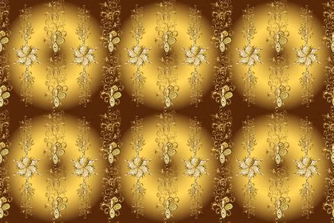 Seamless vintage pattern on yellow, beige and brown colors with golden elements. Illustrazione stock