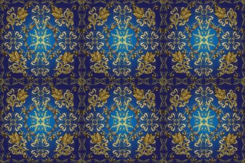 Seamless vintage pattern on yellow, brown and blue colors with golden elements. Stock Illustration