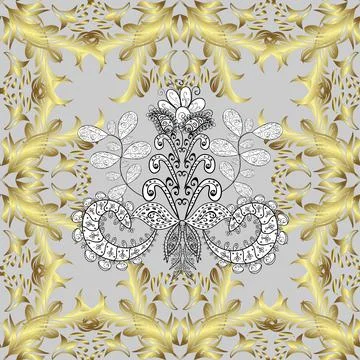 Seamless vintage pattern on yellow, neutral and gray colors with golden elements Stock Illustration