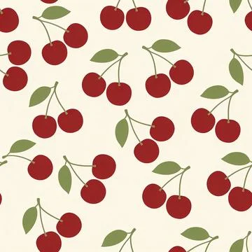 Seamless Vintage Red Cherry Pattern with Green Leaves on Cream Background Stock Illustration