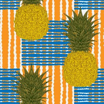 Seamless vintage-style pattern with hand-drawn pineapples over striped backgr Stock Illustration